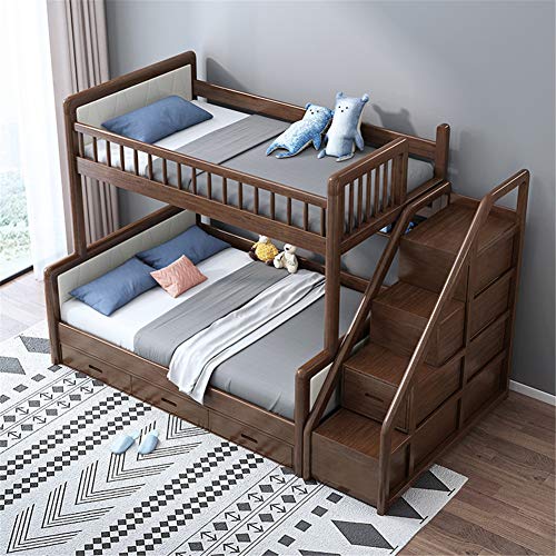 WSN Camas gemelas sobre Camas Altas, Literas Twin Over Full con Escalera y almacenaje, Estructura de Madera Maciza Twin Bunk Bed Walnut,1.5 x 2m