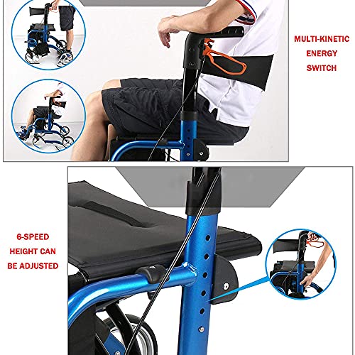 WUQIAO Andador con Ruedas Plegable 2 En 1, Andador con Ruedas Médico De 4 Ruedas con Asa Ajustable Y Respaldo Reversible para Personas Mayores Y Discapacitadas, Andador De Movilidad De Aluminio,Azul