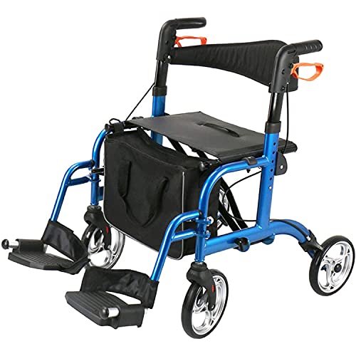 WUQIAO Andador con Ruedas Plegable 2 En 1, Andador con Ruedas Médico De 4 Ruedas con Asa Ajustable Y Respaldo Reversible para Personas Mayores Y Discapacitadas, Andador De Movilidad De Aluminio,Azul