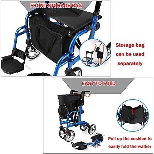 WUQIAO Andador con Ruedas Plegable 2 En 1, Andador con Ruedas Médico De 4 Ruedas con Asa Ajustable Y Respaldo Reversible para Personas Mayores Y Discapacitadas, Andador De Movilidad De Aluminio,Azul