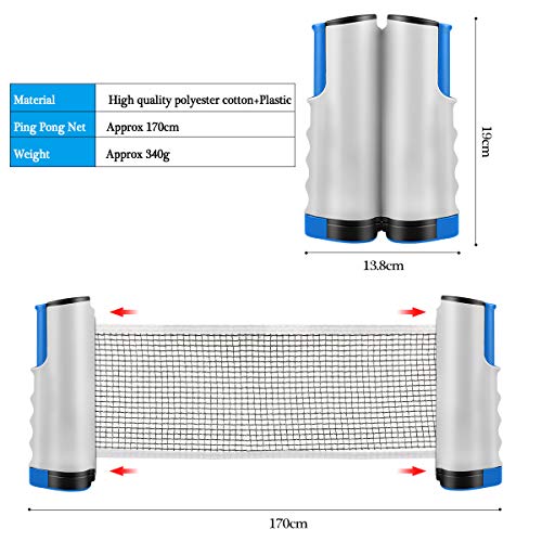 XDDIAS Red de Tenis de Mesa, Repuesto Portátil Retráctil Table Tennis Net - Ping Pong Net para Entrenamiento Abrazaderas, Longitud ajustable 200 (max) x 14.5cm