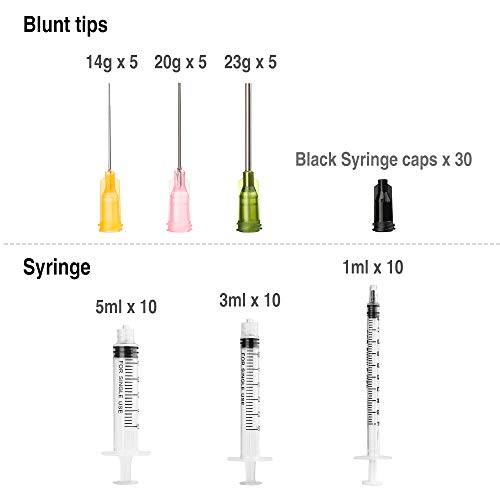 XINDA Jeringas de uso industrial (5 ml, 3 ml, 1 ml cada 10 unidades) Jeringas con agujas de punta roma, tapas de almacenamiento y tapones para jeringas