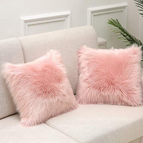 XINYUKEJI Ornamentales Fundas de Almohada Decorativa Cojín Cordero Piel sintética Pelo Largo Almohada de imitación, sofá Cuddly Cojín de (Rosa)