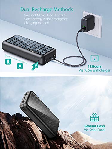 Xiyihoo Power Bank Solar 30000mAh,Cargador Solar Portatil con 2 Salidas USB y Ingreso Micro USB USB-C,Cámping Batería Externa Moviles Compatible con iPhone, Samsung Galaxy, Huawei, Xiaomi