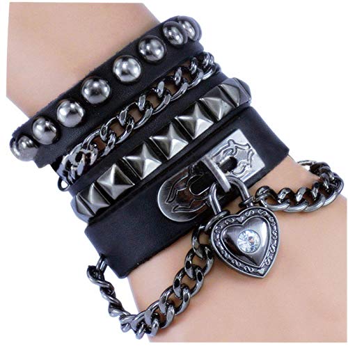 Y-blue Pulsera multicapa con remaches punk, con múltiples círculos, de piel auténtica 9.1 inches negro