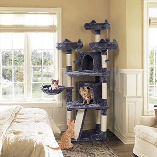 Yaheetech Árbol Rascador para 3-5 Gatos Adultos con 3 Plaraformas Grande Torre para Gatos Rascador de Escalada para Mascota 174 cm