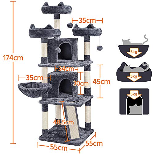 Yaheetech Árbol Rascador para 3-5 Gatos Adultos con 3 Plaraformas Grande Torre para Gatos Rascador de Escalada para Mascota 174 cm