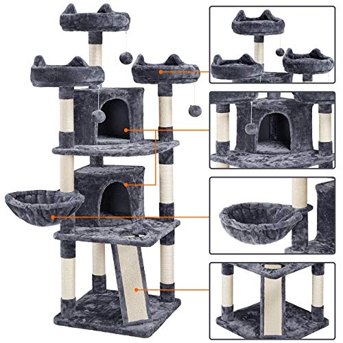 Yaheetech Árbol Rascador para 3-5 Gatos Adultos con 3 Plaraformas Grande Torre para Gatos Rascador de Escalada para Mascota 174 cm