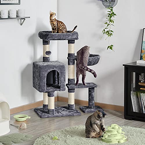 Yaheetech Árbol Rascador para Gatos 80x39.5x96 cm Torre para Gatos Juguete de Gatos de Sisal Natural con Nidos y Hamaca Gris Oscuro