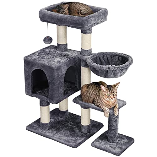 Yaheetech Árbol Rascador para Gatos 80x39.5x96 cm Torre para Gatos Juguete de Gatos de Sisal Natural con Nidos y Hamaca Gris Oscuro