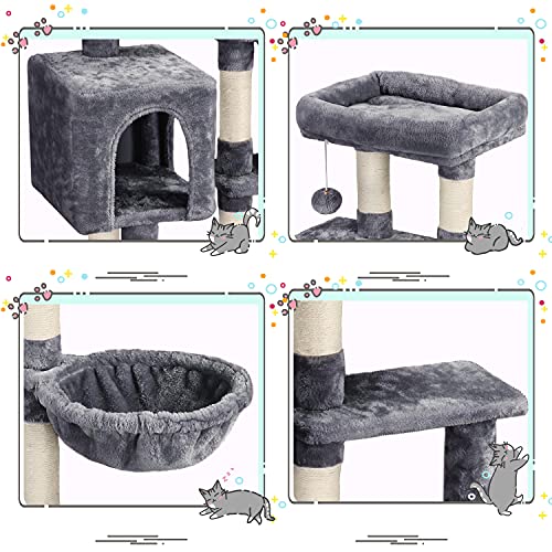 Yaheetech Árbol Rascador para Gatos 80x39.5x96 cm Torre para Gatos Juguete de Gatos de Sisal Natural con Nidos y Hamaca Gris Oscuro