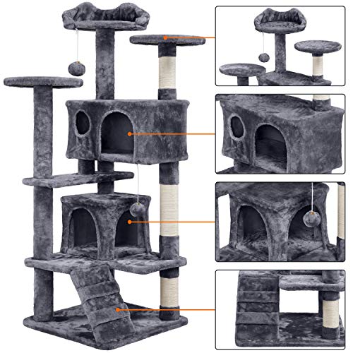 Yaheetech Árbol Rascador para Gatos con Plataforma Torre Escalador para 1-3 Gatos Medianos con Bolas 50x50x130cm Gris Oscuro