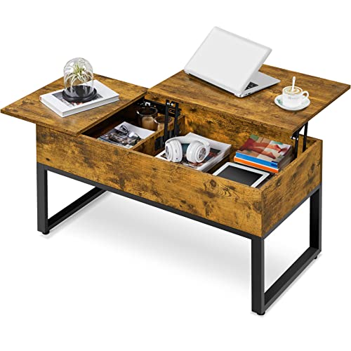 Yaheetech Mesa de Centro Elevable y Extensible Mesa de Café Rustica de Madera Maciza Mesa Auxiliar Salón Mueble con Cajón Marrón