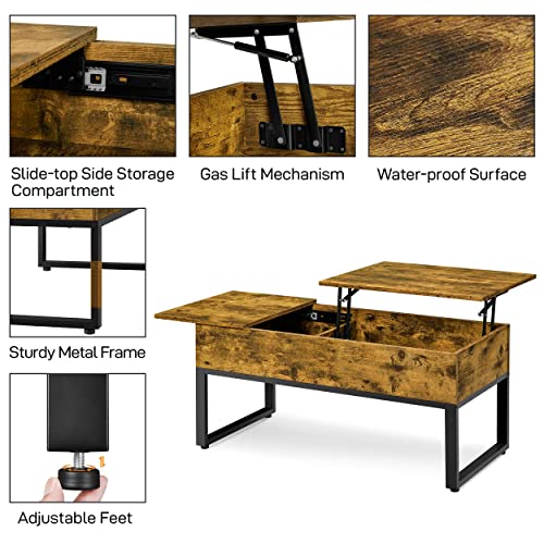 Yaheetech Mesa de Centro Elevable y Extensible Mesa de Café Rustica de Madera Maciza Mesa Auxiliar Salón Mueble con Cajón Marrón