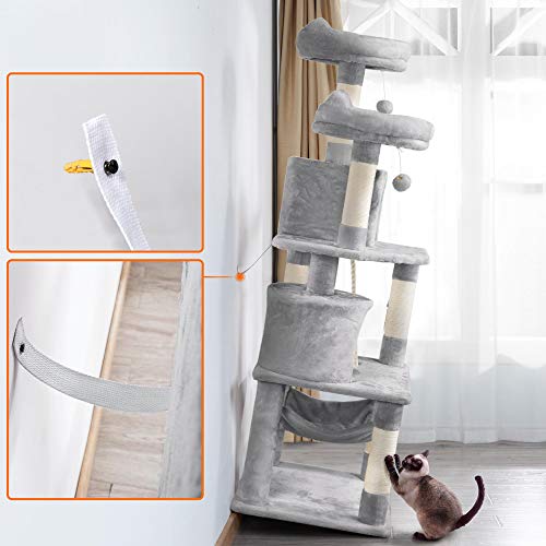 Yaheetech Rascador para Gatos de 158 cm Grande Arbol para Gatos Adultos Torre de Gatos Casita Juego para Mascota Gris Claro