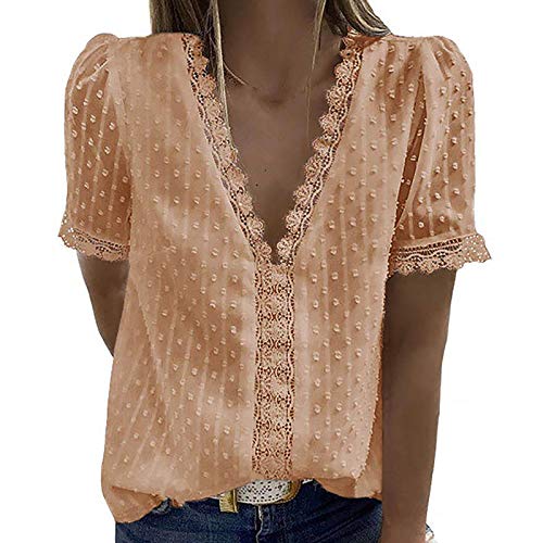 YANFANG Blusas de Mujer Elegantes,Camiseta Casual de Manga Corta con Encaje de Moda para Mujer Top de Color sólido con Cuello en V, 3XL,Beige