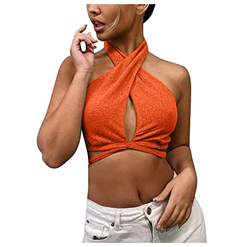 YANFANG Camiseta Mujer Talla Grande Estampado,Sexy Vendaje Halter Crop Top Mangas Backless Club Party Shirt Chi Wrap Tops,Camisetas Manga Corta Deporte,Camiseta,Naranja,L