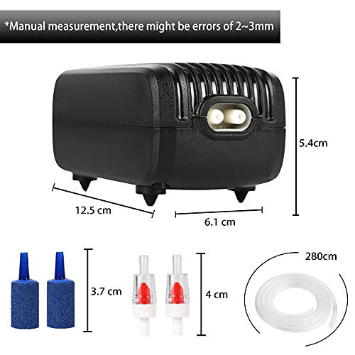 YAOBLUESEA Bomba de Aire para Acuario, Bomba de oxígeno con 2 Salidas, Piedras de Aire, 3 W, 300 l/h, Muy silenciosa, < 40 dB para acuarios de 3,8 – 300 L, con válvula antirretorno, Bomba de oxígeno