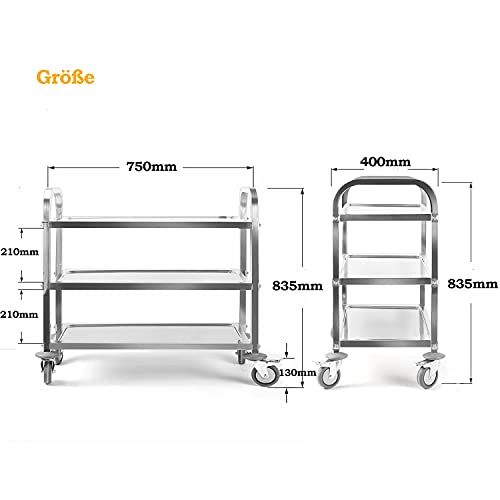 ybaymy Carro de servicio de acero inoxidable con 3 baldas, con ruedas y 4 ruedas de goma para hoteles, restaurantes y cocinas de casa, color plateado, tamaño aprox. 75 x 40 x 83,5 cm