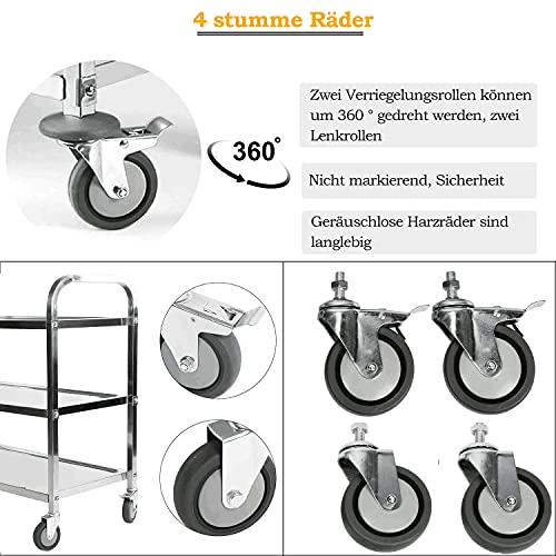 ybaymy Carro de servicio de acero inoxidable con 3 baldas, con ruedas y 4 ruedas de goma para hoteles, restaurantes y cocinas de casa, color plateado, tamaño aprox. 75 x 40 x 83,5 cm