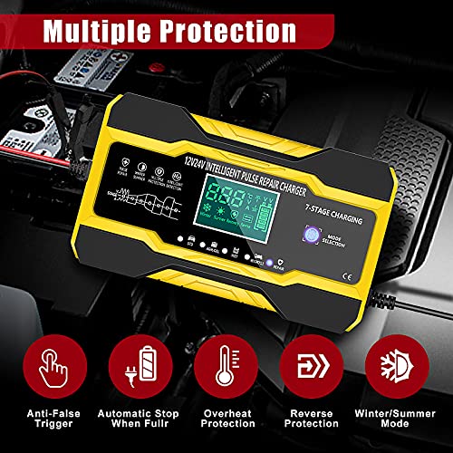 YDBAO Cargador Baterias Coches 10A 12V/24V Automático Inteligente Múltiples Protecciones Cargadores Baterias con LCD Pantalla Táctil Digital para Baterías de Coches, Motocicleta, Barco, etc.