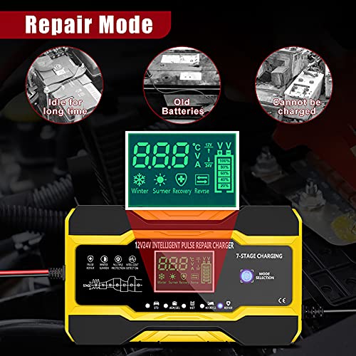 YDBAO Cargador Baterias Coches 10A 12V/24V Automático Inteligente Múltiples Protecciones Cargadores Baterias con LCD Pantalla Táctil Digital para Baterías de Coches, Motocicleta, Barco, etc.