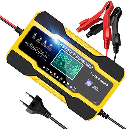 YDBAO Cargador Baterias Coches 10A 12V/24V Automático Inteligente Múltiples Protecciones Cargadores Baterias con LCD Pantalla Táctil Digital para Baterías de Coches, Motocicleta, Barco, etc.