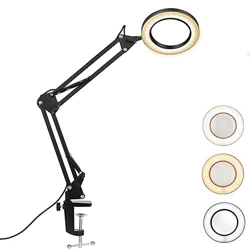 YeenGreen Lámpara de Aumento Led, Lámpara Lupa con Luz Led, Lámpara de Escritorio con Lupa, 10X Lámparas de Lupa, Iluminadas de 3 Colores, Lámpara de Brazo Giratorio Ajustable para Mesa de Trabajo