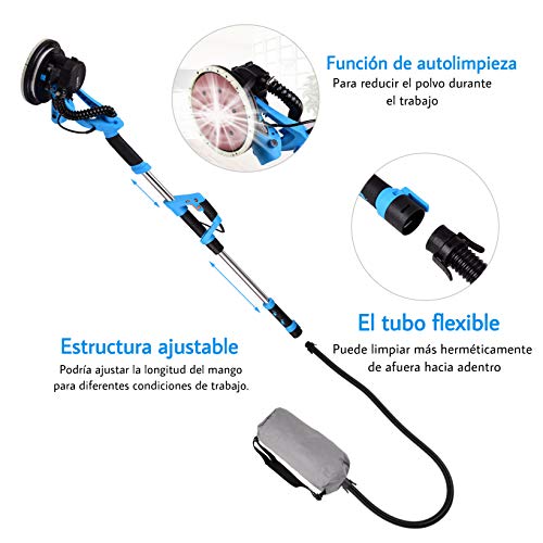 YIJIN Lijadora de Pared 800W, 13 discos de lijado, 6 velocidades, Sistema de autolimpieza, Cabezal giratorio de 225 mm,Base de lijado desmontable, Mango Telescópico, Luces LED.