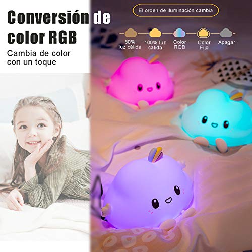 YingStar Luz Nocturna Infantil Lámpara Quitamiedos Portátil USB Recargable Lámpara Infantil LED Brillos Ajustables Colores RGB con Mando Luz para Bebe Silicona Suave para Habitación Dormitorio Sala