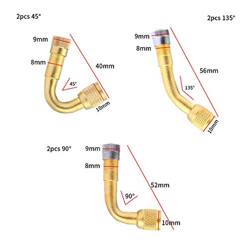 Yizhet 6 Piezas Extensiones de Válvulas, Válvulas de Neumático de Extensión, Adaptador Válvula de Rueda de Ángulo para Coche, Motocicleta, Bicicleta, Camión, 3 Tipos(45 Grados, 90 Grados, 135 Grados)