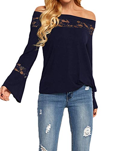 YOINS Camisa para Mujer Invierno Camiseta Manga Larga Camisas de Encaje con Hombros Descubiertos Blusa Informal