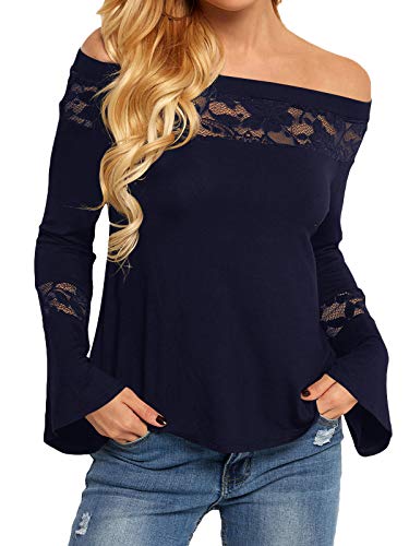 YOINS Camisa para Mujer Invierno Camiseta Manga Larga Camisas de Encaje con Hombros Descubiertos Blusa Informal