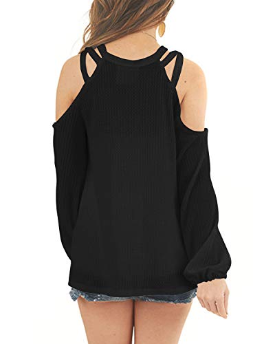 YOINS Camiseta de manga larga con hombros descubiertos, para mujer, sexy, holgada, para invierno, de manga larga, holgada, para otoño, informal Negro L