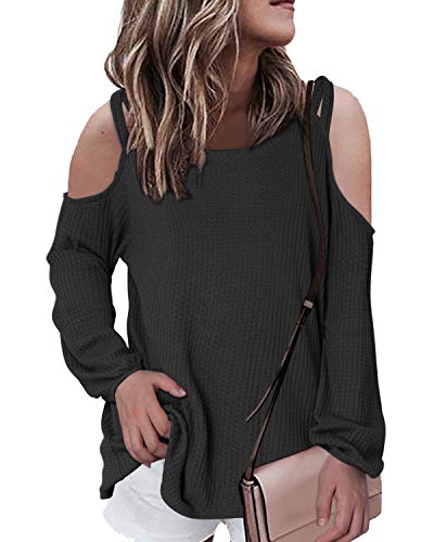 YOINS Camiseta de manga larga con hombros descubiertos, para mujer, sexy, holgada, para invierno, de manga larga, holgada, para otoño, informal Negro L