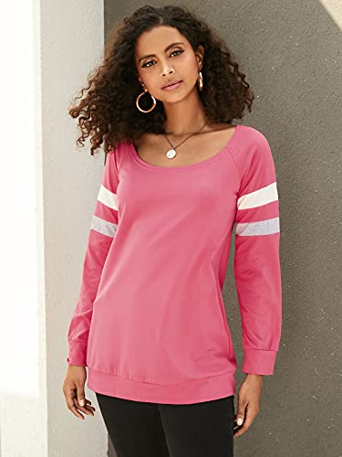 YOINS Camiseta de Manga Larga para Mujer Camisas con Rayas Cuello Redondo Casual Blusas Elegante Tops B-Rojo L