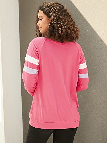 YOINS Camiseta de Manga Larga para Mujer Camisas con Rayas Cuello Redondo Casual Blusas Elegante Tops B-Rojo L