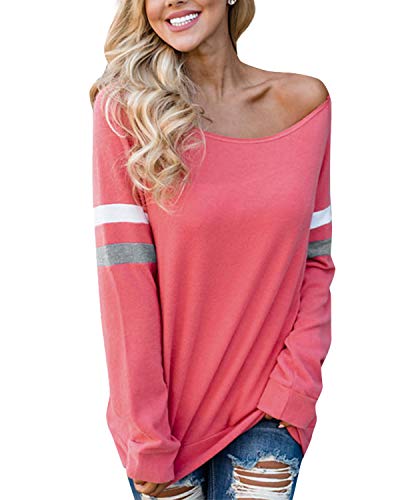 YOINS Camiseta de Manga Larga para Mujer Camisas con Rayas Cuello Redondo Casual Blusas Elegante Tops B-Rojo L