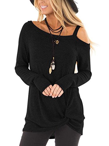 YOINS Camiseta Sexy de Manga Larga Mujer Camiseta de Color Liso con Hombros Descubiertos Blusas Casual Cuello Redondo Negro M