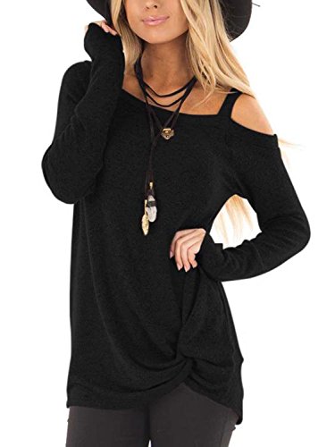 YOINS Camiseta Sexy de Manga Larga Mujer Camiseta de Color Liso con Hombros Descubiertos Blusas Casual Cuello Redondo Negro M