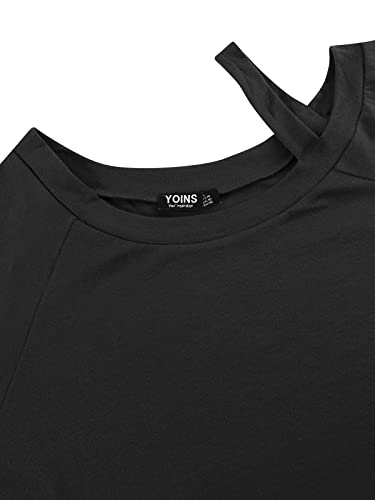 YOINS Camiseta Sexy de Manga Larga Mujer Camiseta de Color Liso con Hombros Descubiertos Blusas Casual Cuello Redondo Negro M