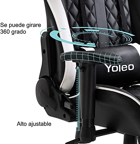 YOLEO Silla Gaming Profesional, Silla Ajustable Giratoria para Juegos, Silla de Computadora, Reposabrazos Ajustables y Respaldo, Ergonómica, Carga Máxima de 150 kg, Blanco