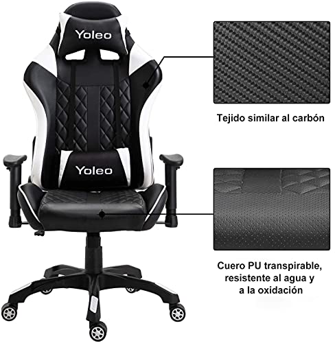 YOLEO Silla Gaming Profesional, Silla Ajustable Giratoria para Juegos, Silla de Computadora, Reposabrazos Ajustables y Respaldo, Ergonómica, Carga Máxima de 150 kg, Blanco