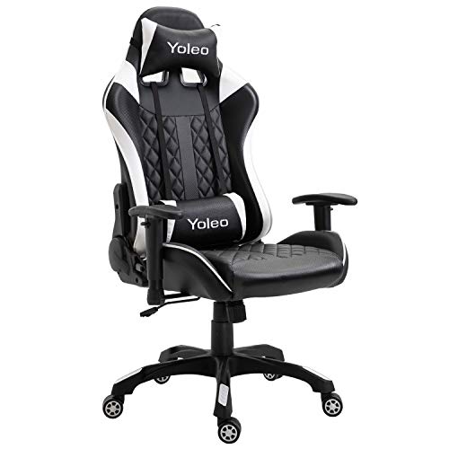 YOLEO Silla Gaming Profesional, Silla Ajustable Giratoria para Juegos, Silla de Computadora, Reposabrazos Ajustables y Respaldo, Ergonómica, Carga Máxima de 150 kg, Blanco