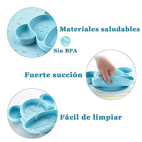 YOOFOSS Plato de Silicona con Ventosa para Bebé para tronas y sillines Platos Silicona Bebes Ventosa Libre de BPA Seguro en lavavajillas microondas Azul