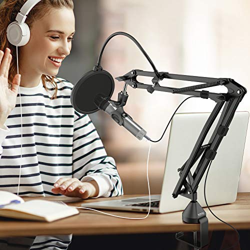 YOTTO Soporte para Micrófono Brazo Suspensión Ajustable Tijera de Pluma para Micrófono con Filtro Pop y Adaptador de 3/8"a 5/8" para Blue Yeti Snowball Nano, Clip de Micrófono, Abrazadera de Montaje