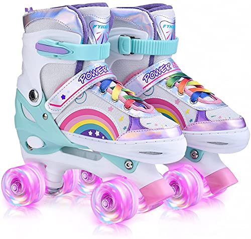 YUDOXN Patines 4 Ruedas, Patines Roller Ajustables,Patines Paralelos con Ruedas Luminosas de Malla Transpirable para Niñas, Niños y Principiantes Tamaño 31-42. (Arcoiris - Rosa, M)