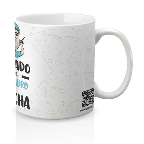 Yujuuu! | Taza personalizable con nombre | Taza cerámica para regalo original Profesión Enfermero. RESISTENTE 100% al microondas y lavavajillas. (Diseño 05) Frase cuidado que pincha