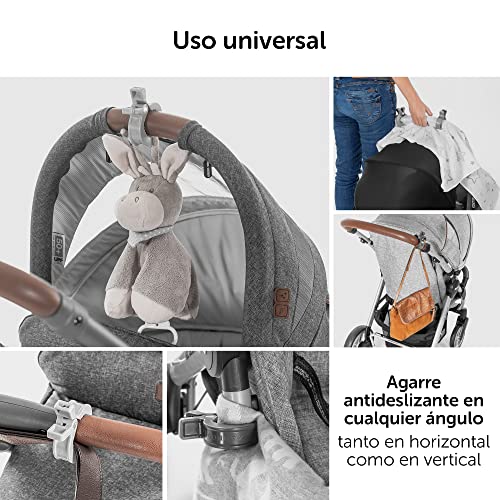 Zamboo - Pinzas Universales para Cochecito - 6 Ud. - Clips/Ganchos carrito bebe para fijar muselinas, juguetes y otros a la silla de paseo o al portabebés - Blanco Gris