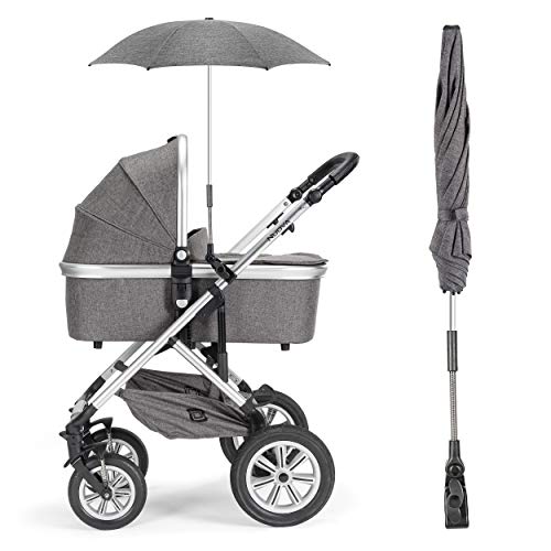 Zamboo - Sombrilla Carrito bebe Universal / Parasol Silla de Paseo flexible con soporte para tubos redondos y ovalados, Protección UV50+, diámetro 73 cm - Gris